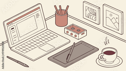 Isometric Digital Design Workspace with Laptop Graphic Tablet Coffee and Art for Creative Professionals