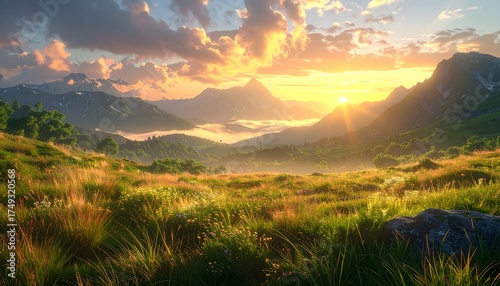 Fototapeta Naklejka Na Ścianę i Meble -  Scenic landscape with mountains, golden sunlight, and grassy meadow.