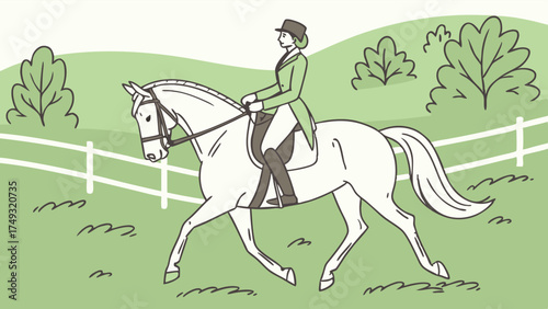 Elegant Woman Riding Horse Dressage Training in Outdoor Green Field Equestrian Sport Illustration