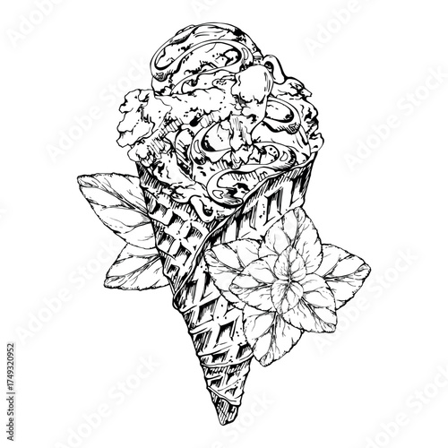 Melted chocolate lined waffle cone with ice cream gelato scoop, mint leaves and syrup sprinkle topping. Vector graphic illustration hand drawn in ink. Frozen snack brand, cocktail decor, recipe card