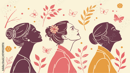 Diverse Women Looking Up Profile Illustration Female Empowerment Hope Future Growth Unity Leadership for Womens Day Marketing Campaigns Web Design