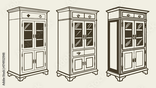 Detailed Hand Drawn Display Cabinets Set. Classic Wooden Hutches for Elegant Home Interior Design and Furniture Retail Marketing.