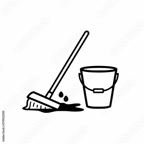 black and white spill cleanup symbol, mop and bucket icon, flat vector, no highlight