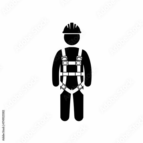 black and white safety harness icon, worker wearing harness, flat vector design