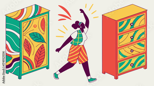 Vibrant Illustration: Joyful Woman Celebrating Creative Furniture Makeover. DIY Upcycling for Personalized Home Decor.