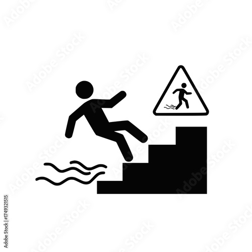 black and white slippery stairs warning symbol, person slipping, no text, clean design