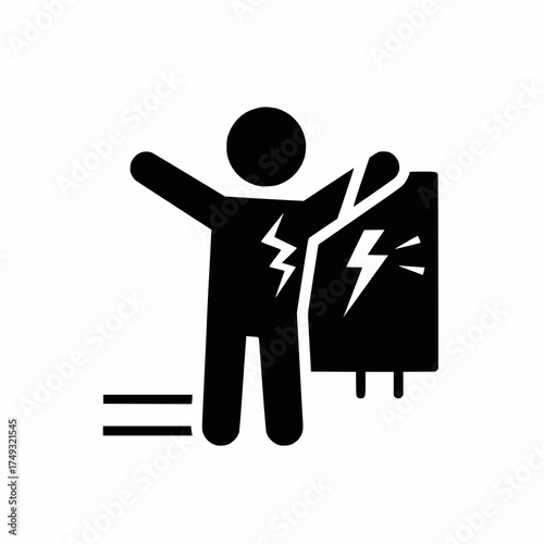 black and white electric shock hazard icon, human figure and lightning bolt, flat vector