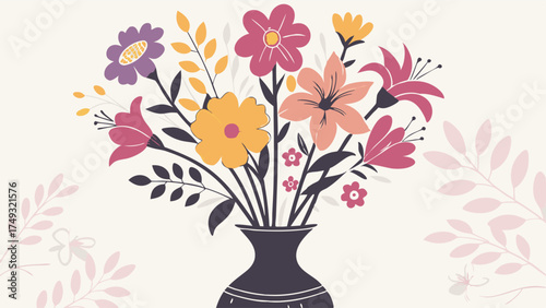 Vibrant Colorful Flower Bouquet in Vase Flat Design Vector Illustration for Spring Summer Greeting Cards and Happy Celebrations