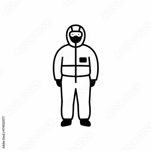 black and white protective clothing icon, person in coverall suit, flat minimal vector