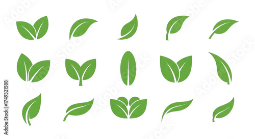 Transparent background isolated green leaf icon collection. Minimalist design for ecology, organic, and natural products, png.