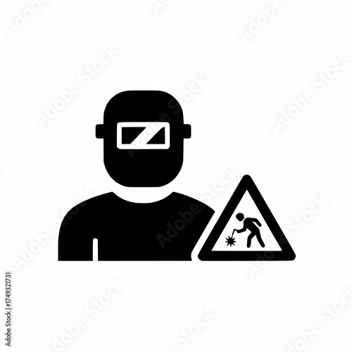 black and white welding safety symbol, worker with helmet, flat minimal design