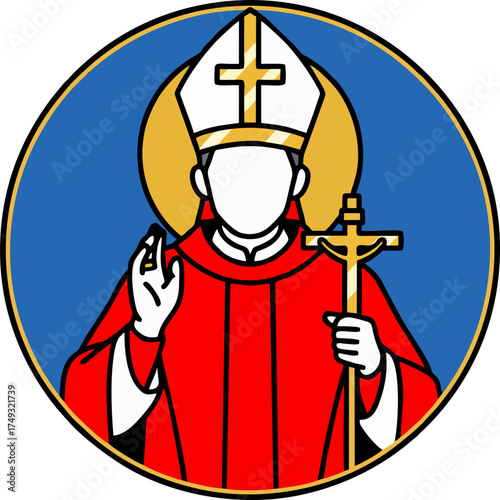 Cartoon Bishop Icon Vector Illustration in Red Vestments with Mitre and Cross Staff – Round Blue Religious Symbo