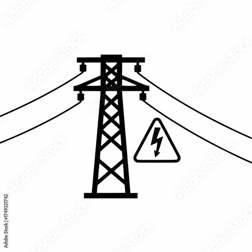 black and white electric pole danger symbol, high voltage tower icon, minimal vector