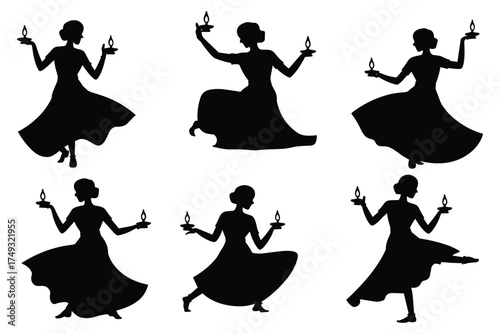 Six black silhouettes of women in flowing dresses holding candles in various dancing poses on a white background Keywords: silhouette, woman, dancer, dancing, candle, holding, fire, light, flame