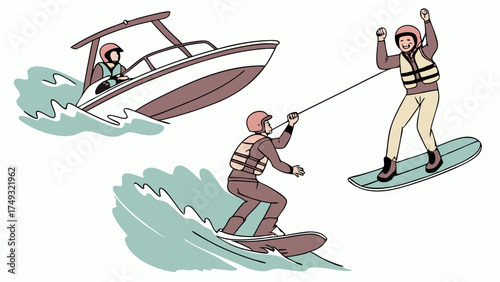 Excited People Enjoying Summer Water Sports. Wakeboarding and Water Skiing Behind a Speed Boat for Fun Vacation.