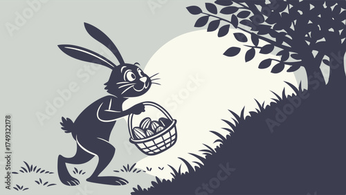 Happy Traditional Easter Bunny Carrying Basket of Eggs Up Grassy Hill Silhouette for Spring Holiday Marketing, Children's Events, and Festive Design.