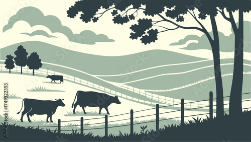 Green Rural Landscape with Grazing Cows on Rolling Hills Farm Scene Agriculture Nature Sustainable Food