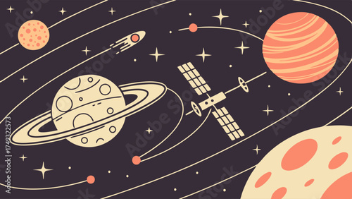 Futuristic Space Exploration with Planets Satellite and Rocket. Modern Cosmic Journey for Science Education Technology and Innovation.