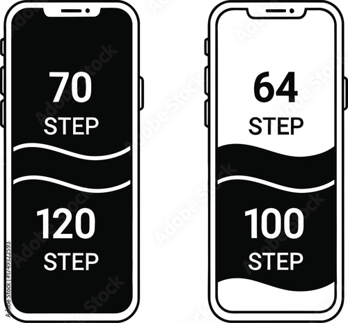 Two smartphone screens displaying step counts and battery levels in a digital interface design