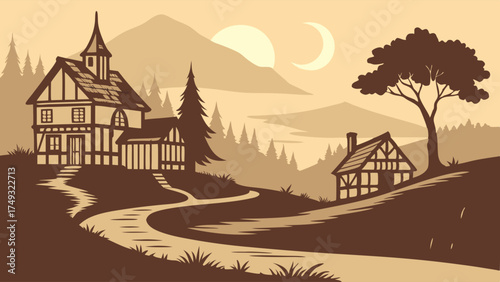 Rustic Fantasy Village Landscape Illustration. Medieval Houses, Winding Road, Mountains, and Forest. Ideal for Travel, Gaming, and Storytelling Art.