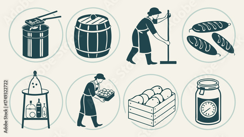 Traditional Artisanal Food Production Icons Set Cooking Brewing Baking Preserving Fresh Produce Farm to Table Local Business Marketing