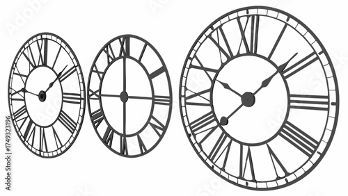 Three Elegant Roman Numeral Clocks. Classic Vintage Design for Time Management, Business Deadlines, Financial Planning, and Historical Projects.