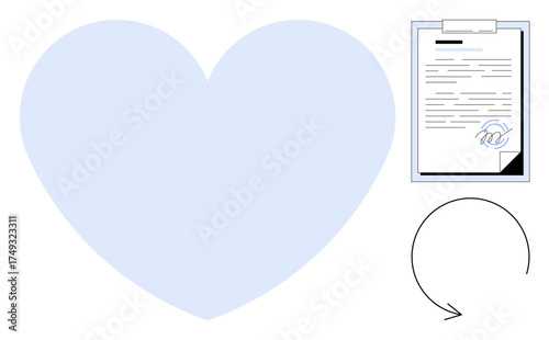 Large heart icon next to a clipboard with a signed document and an arrow forming a circular flow. Ideal for healthcare, donation, agreement, recycling, sustainability, ethics, workflow. Simple flat