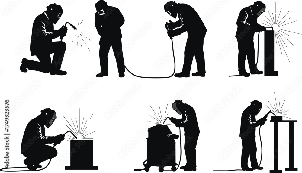 Obraz premium Silhouettes of welding workers with protective helmets, sparks, industrial equipment, robotic automation, construction, engineering, fabrication, manufacturing, safety gear vector illustration