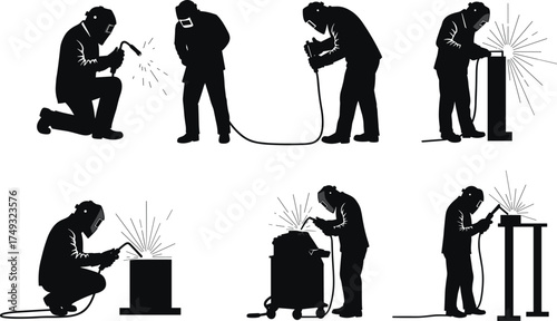 Silhouettes of welding workers with protective helmets, sparks, industrial equipment, robotic automation, construction, engineering, fabrication, manufacturing, safety gear vector illustration