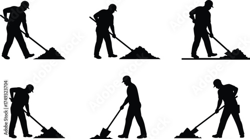 Silhouette workers shoveling soil dirt piles manual labor construction gardening farming teamwork outdoor activity vector illustration isolated black figures set
