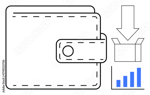 Closed wallet, downward arrow pointing to an open box, and bar graph highlighting financial management, data transfer, growth, savings, e-commerce, budgeting and online transactions. A clean simple