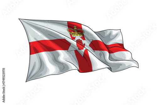 Northern Ireland flag illustration showing national colors waving on white background