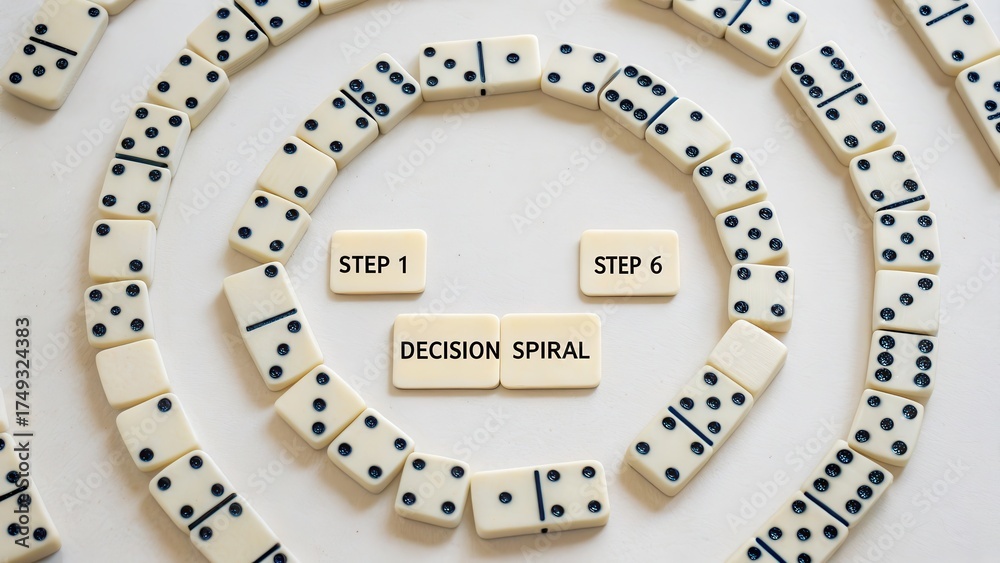 Naklejka premium Decision Making Process Illustrated with Dominoes in Spiral Formation