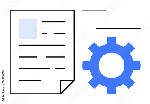 Document with lines of text next to a blue gear indicating system settings, process automation, and workflow optimization. Ideal for technology, productivity, business, data, IT, system management