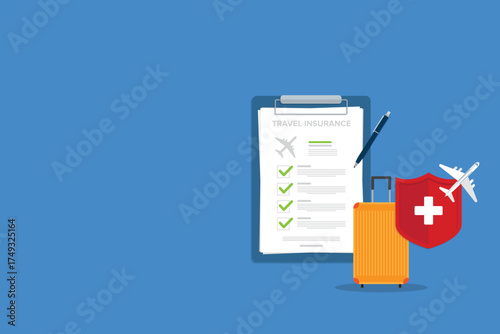 Travel insurance. Traveling luggage suitcase and airplane trip protect. Plane flight safety symbol. Aircraft journey risk protection.	