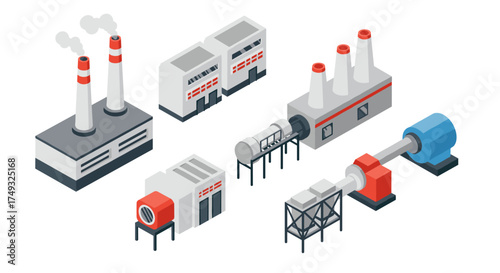 Isometric industrial buildings and machinery set for manufacturing concepts