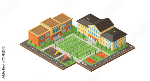 Isometric urban school complex with playground and sports fields