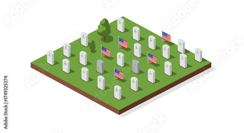 Isometric memorial park with flags and tombstones on green lawn