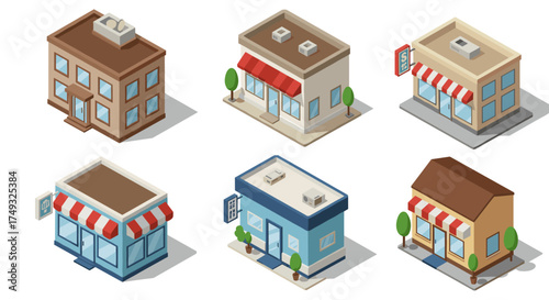 Isometric small business shopfronts with red awnings and roof details