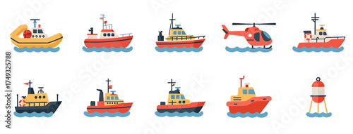 Collection of colorful flat icons depicting various rescue and maritime vehicles and a buoy