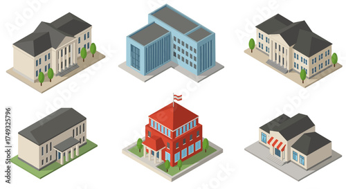 Collection of isometric public buildings with trees and sidewalks
