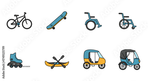 Collection of eight illustrated personal transport and recreation items on white