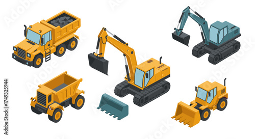 Isometric construction machinery set: excavators, dump trucks, backhoe loaders