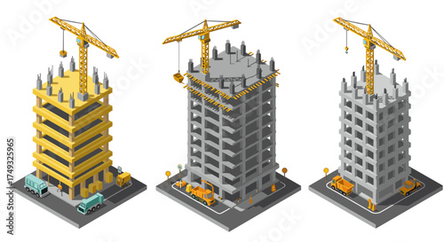 Isometric construction stages with cranes and building machinery