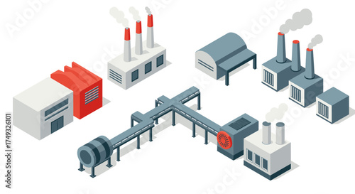 Isometric industrial factory set with pipes and smoke stacks in 3d style