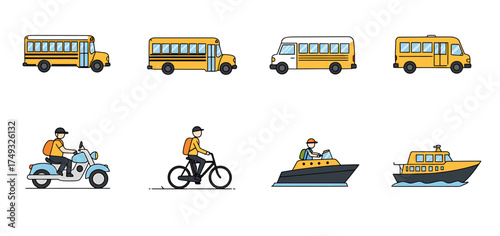 Eight colorful icons depicting various modes of transport including buses a scooter a bicycle and boats