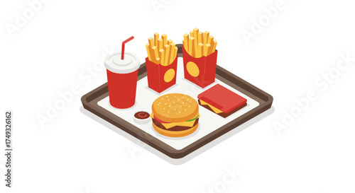 Isometric fast food tray with burger, fries, soda, and dipping sauce