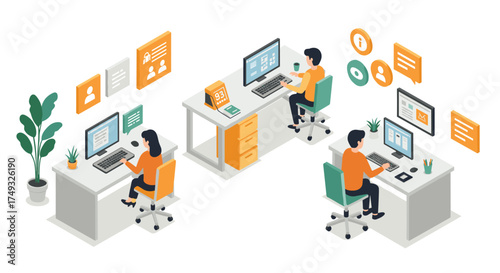 Modern office automation scene in isometric style with diverse team at work desks
