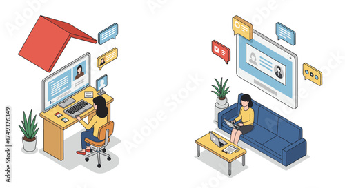 Isometric home office and remote work scenes with technology devices