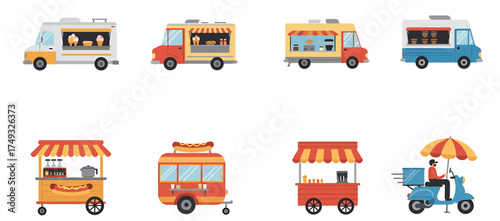 Eight illustrations of food trucks carts and a delivery scooter on a white background